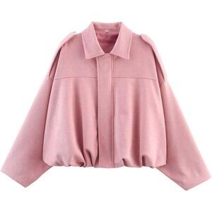 Women's Pink Bomber Jacket Coat Streetwear Faux Fur Winter Warm Long Sleeves